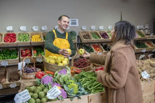 Frau beim Einkaufen von frischem Obst und Gemüse